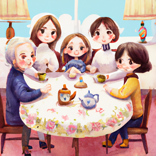משפחה מאושרת התאספה סביב שולחן, כל אחד אוחז בכוס משלו עם תמונה.