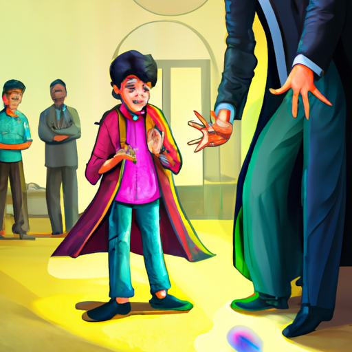 3. איור של ילד מבצע קסם מפואר מול אורחים נדהמים.