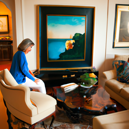 תמונה של בעל בית נהנה מהסלון שלו, מצב הרוח מוגבר בעליל על ידי נוכחות של ציור שמן יפהפה.