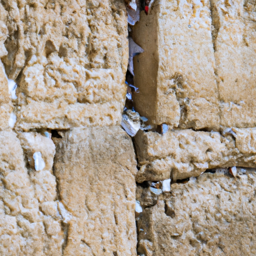 1. A close-up view of the Western Wall with numerous prayer notes tucked into the crevices.